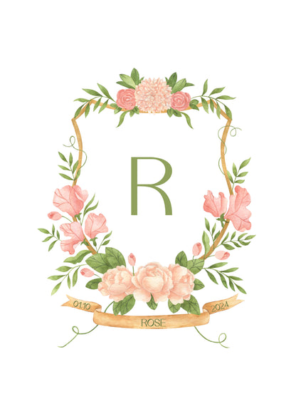 Shield Monogram Nursery Art Print | Personalised Baby Keepsake