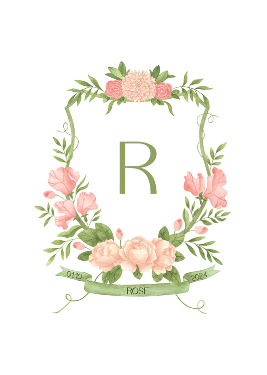 Shield Monogram Nursery Art Print | Personalised Baby Keepsake