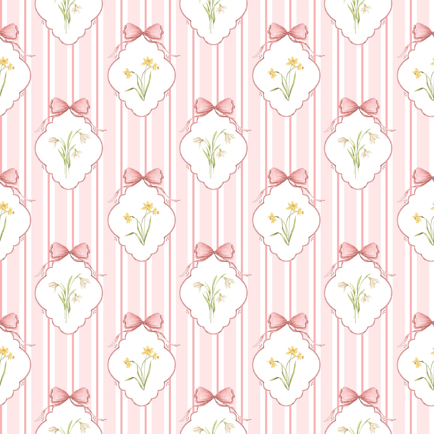 Snowdrops Bold Pinstripe Accent Wallpaper - Diamond Medallion, Coral Background