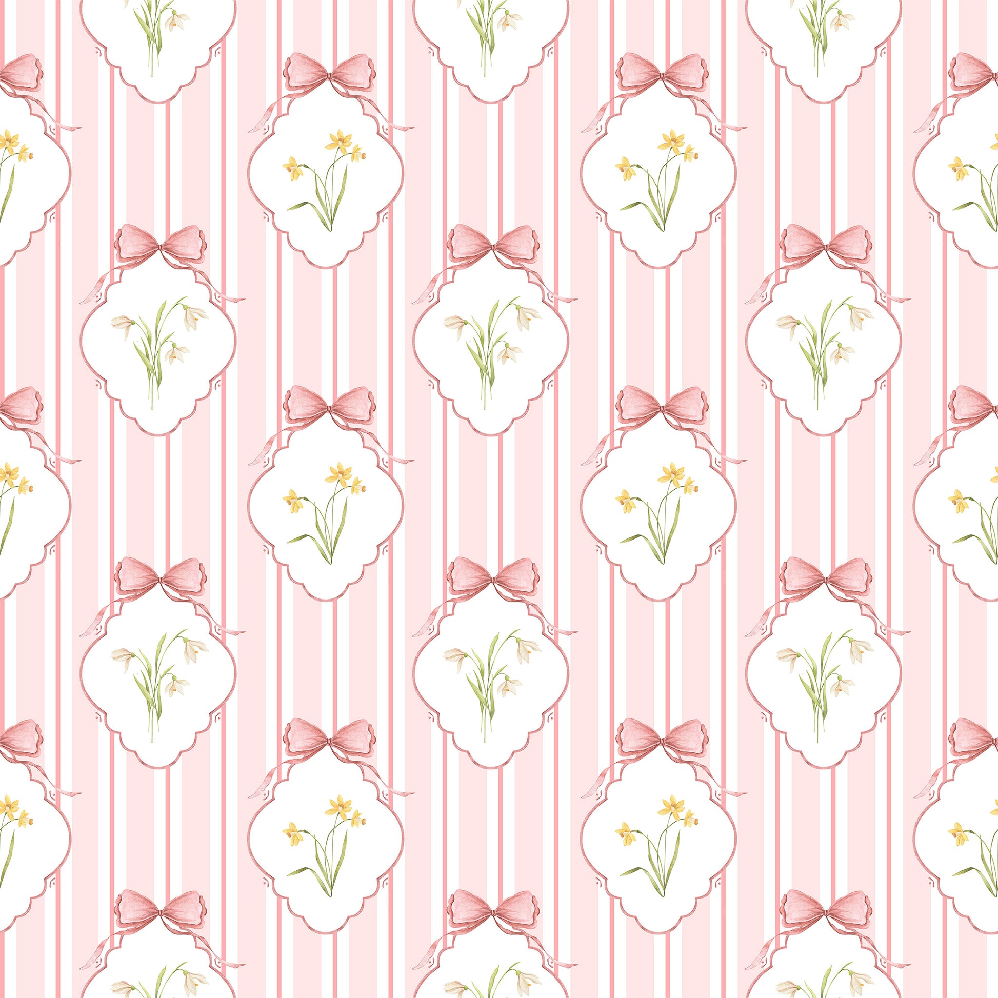 Snowdrops Bold Pinstripe Accent Wallpaper - Diamond Medallion, Coral Background