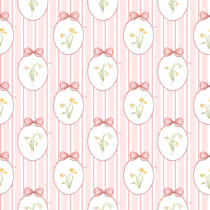 Snowdrops Bold Pinstripe Accent Wallpaper - Oval Medallion, Coral Background