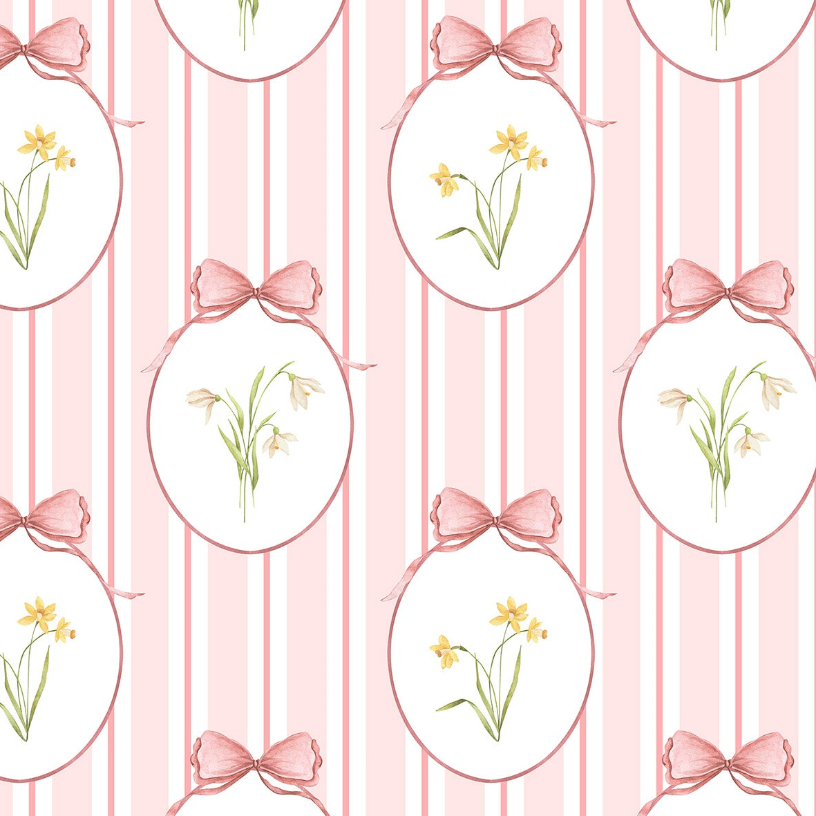 Snowdrops Bold Pinstripe Accent Wallpaper - Oval Medallion, Coral Background