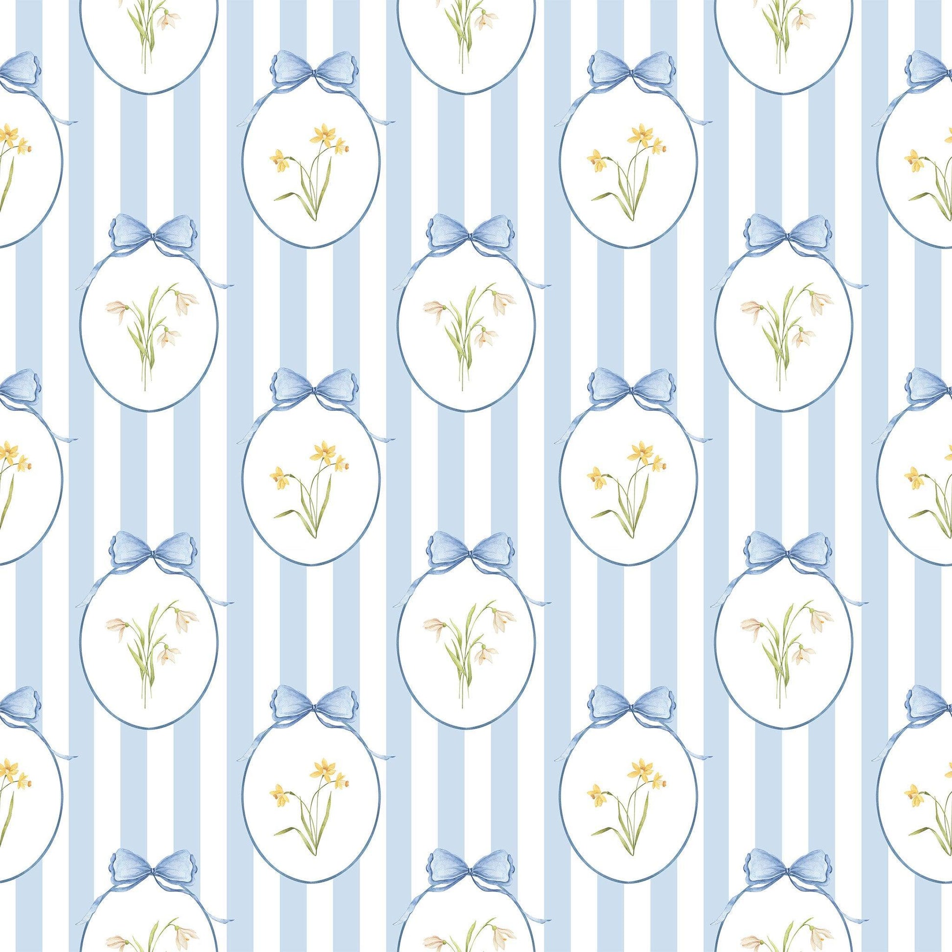 Snowdrops Heritage Stripe Wallpaper - Oval Medallion, Blue background 