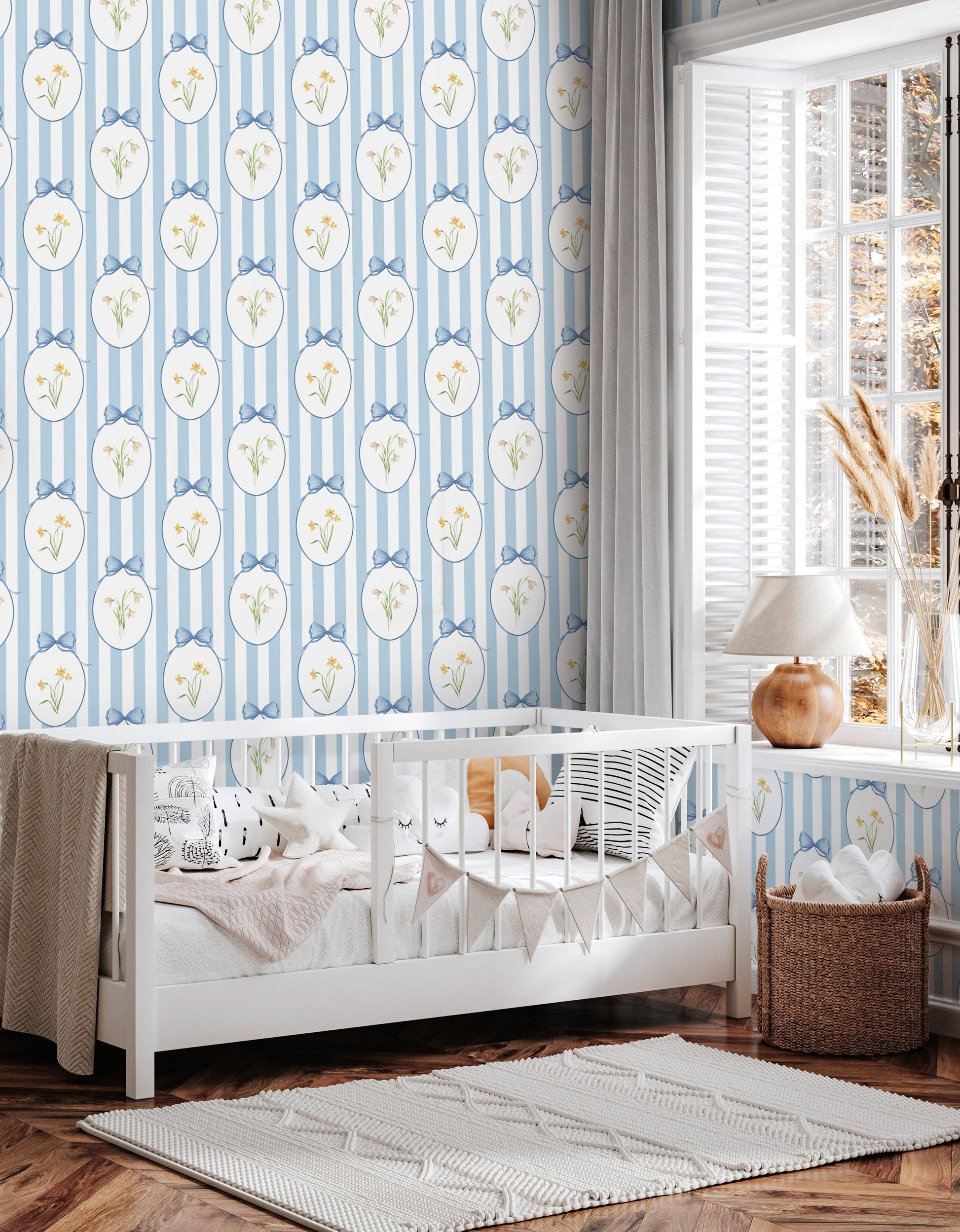 Snowdrops Heritage Stripe Wallpaper - Oval Medallion, Blue background 