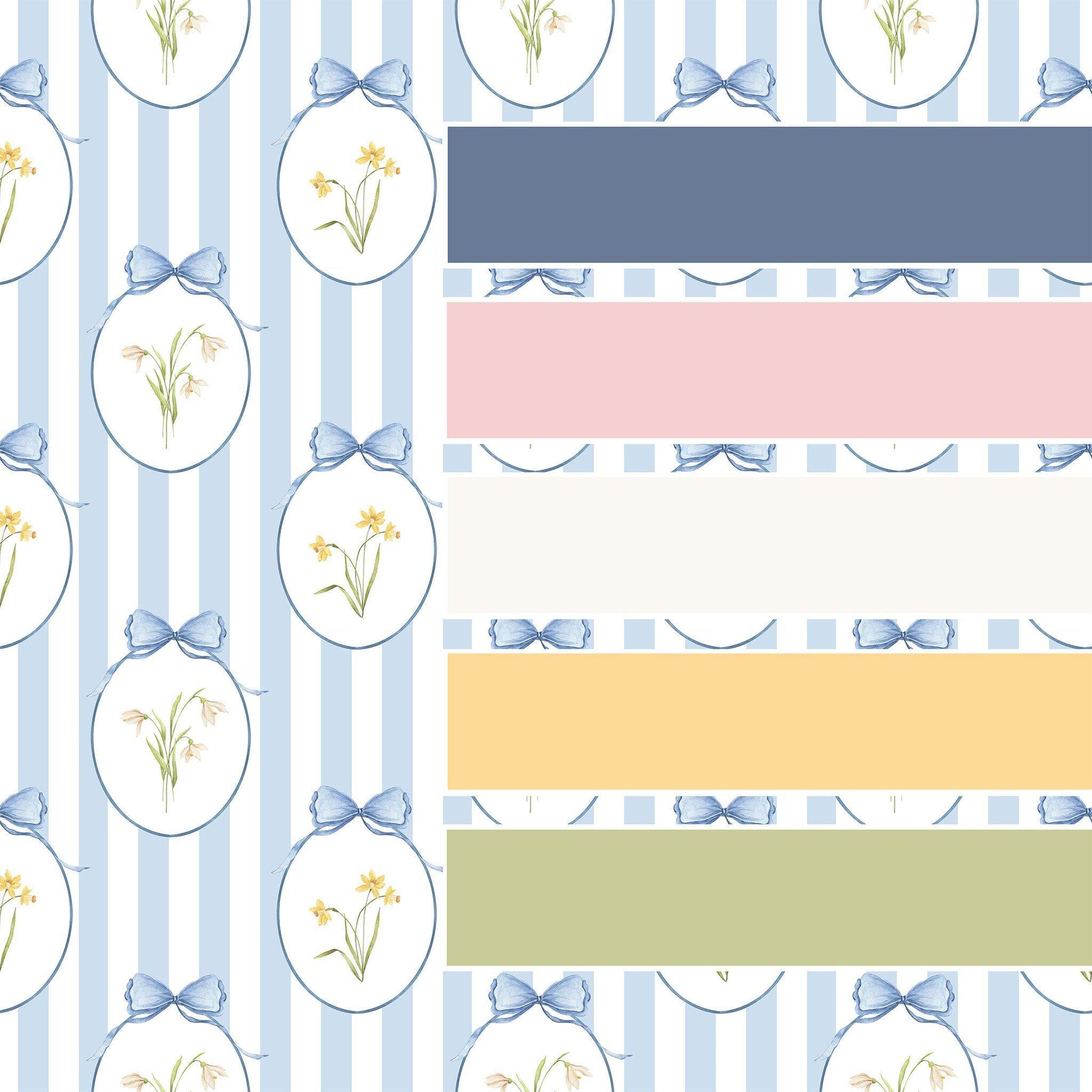 Snowdrops Heritage Stripe Wallpaper - Oval Medallion, Blue background 