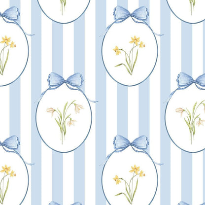 Snowdrops Heritage Stripe Wallpaper - Oval Medallion, Blue background 