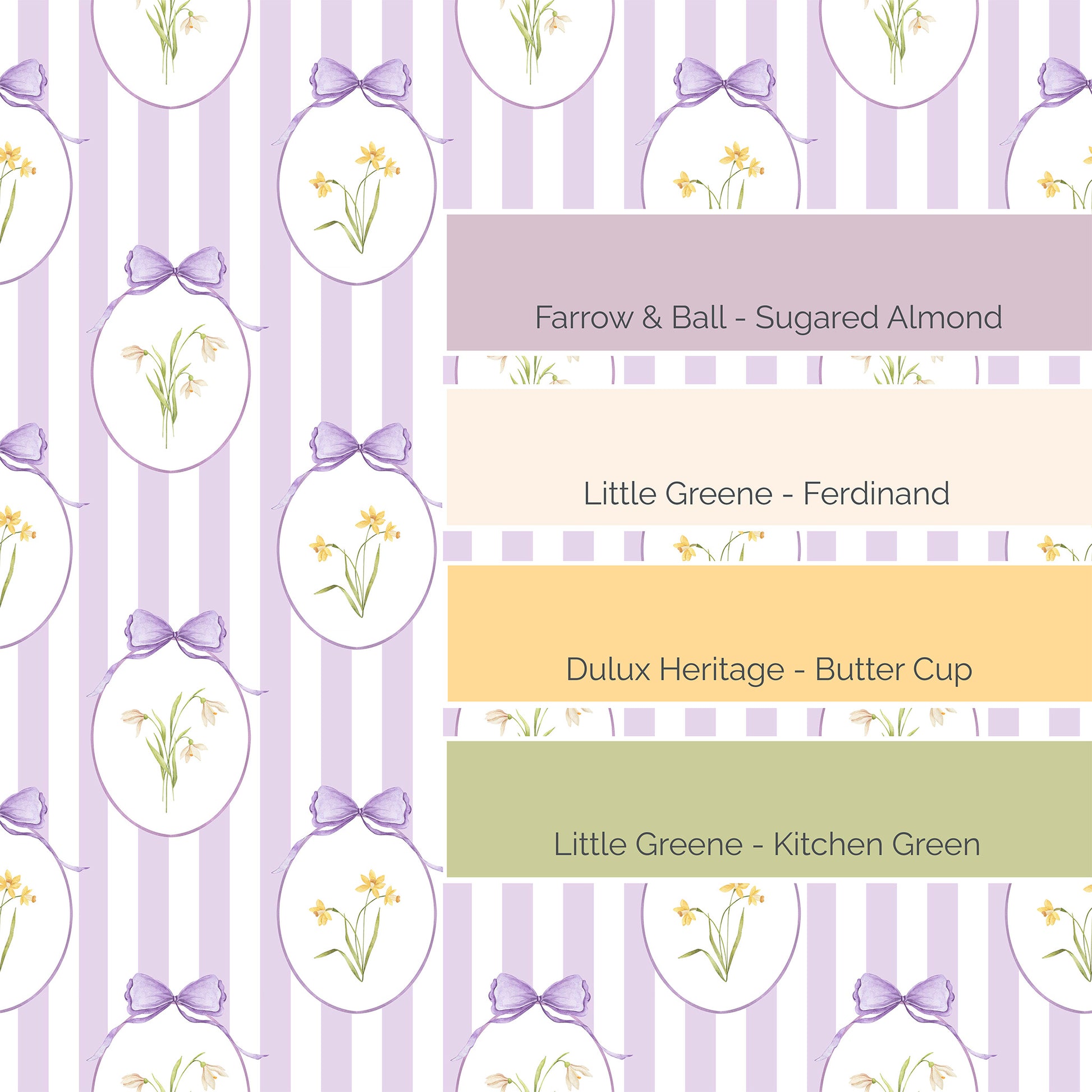 Snowdrops Heritage Stripe Wallpaper - Oval Medallion, Lilac Background 