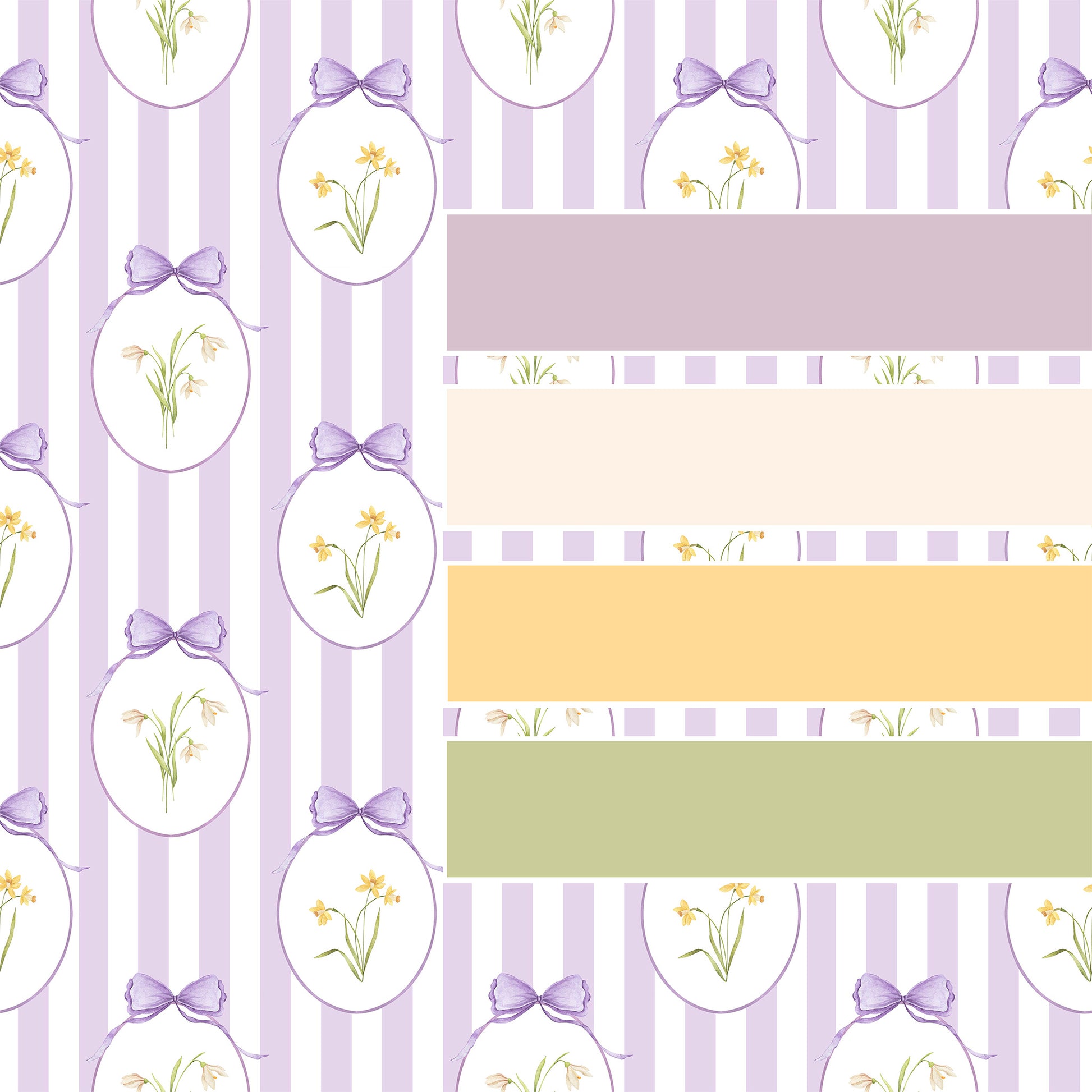 Snowdrops Heritage Stripe Wallpaper - Oval Medallion, Lilac Background 
