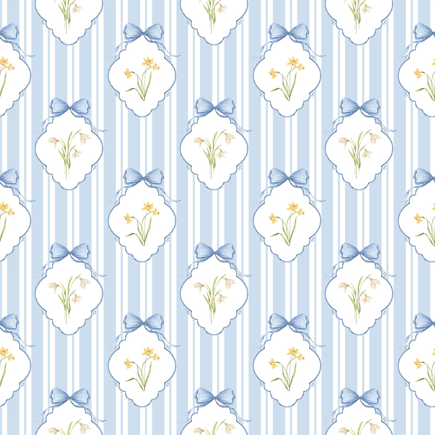 Snowdrops Pinstripe Accent Wallpaper - Diamond Medallion, Blue Background