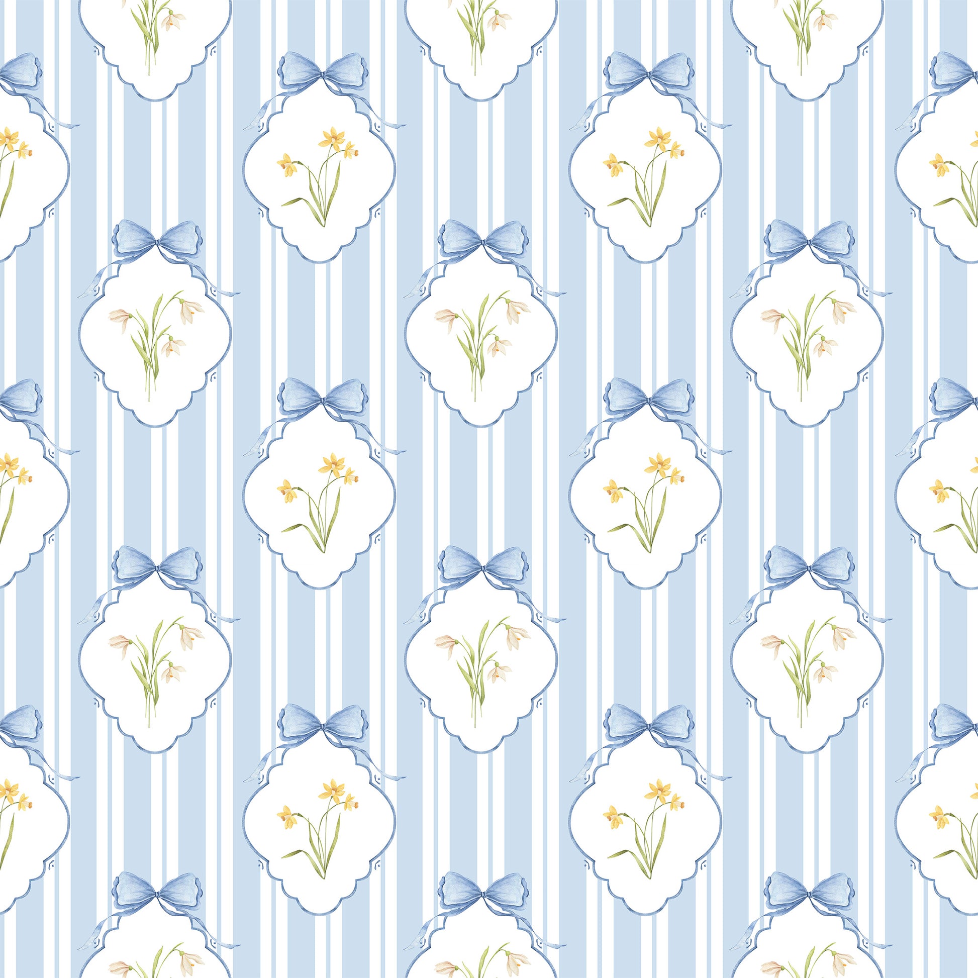 Snowdrops Pinstripe Accent Wallpaper - Diamond Medallion, Blue Background