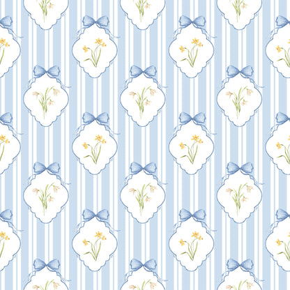 Snowdrops Pinstripe Accent Wallpaper - Diamond Medallion, Blue Background
