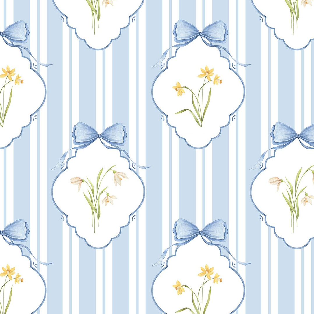 Snowdrops Pinstripe Accent Wallpaper - Diamond Medallion, Blue Background