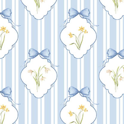 Snowdrops Pinstripe Accent Wallpaper - Diamond Medallion, Blue Background