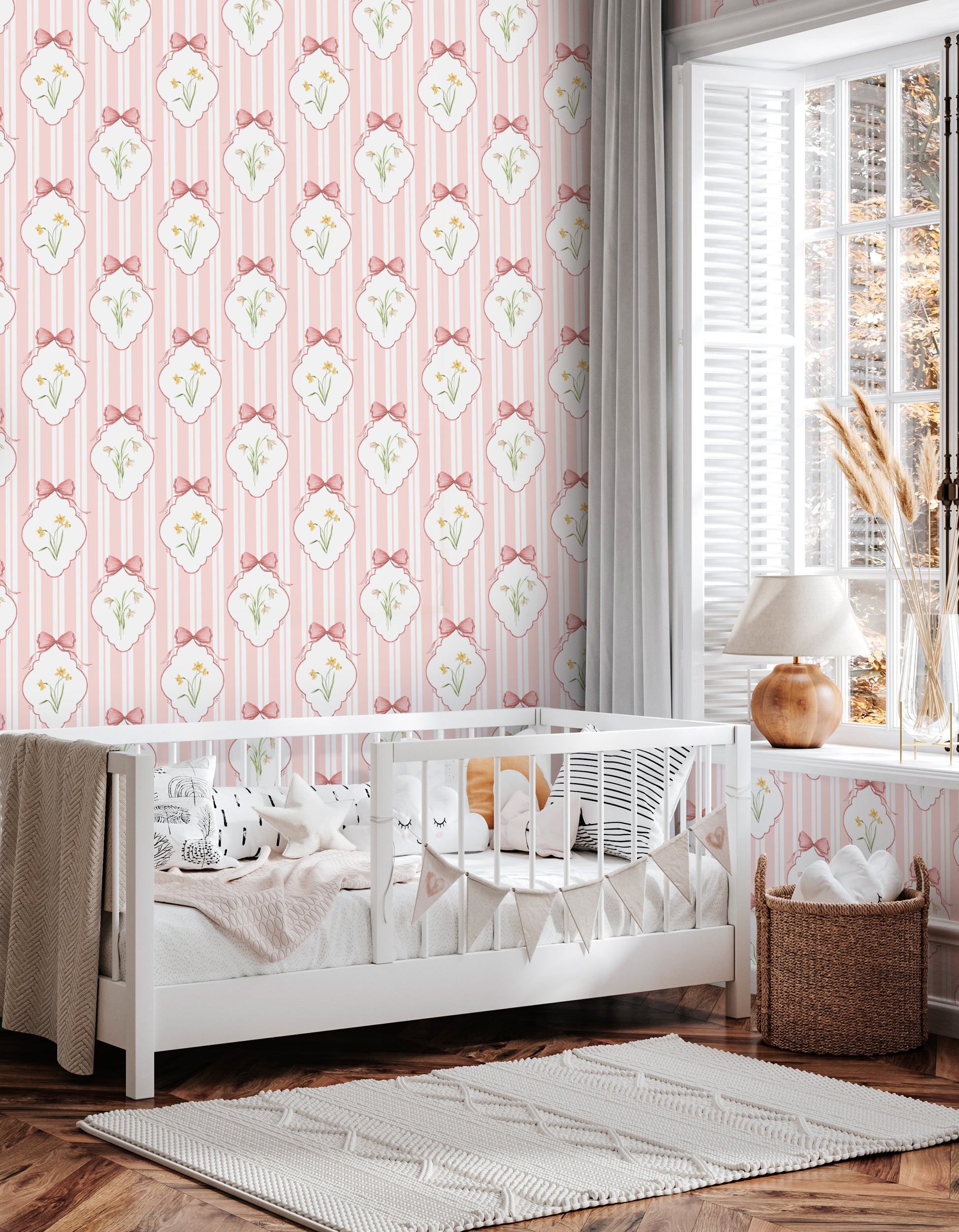 Snowdrops Pinstripe Accent Wallpaper - Diamond Medallion, Coral Background