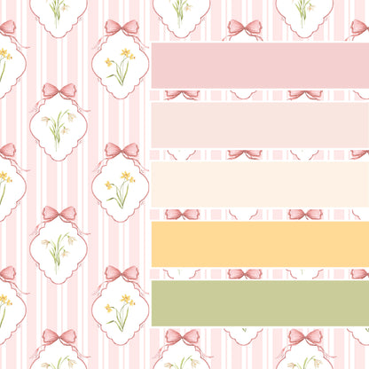 Snowdrops Pinstripe Accent Wallpaper - Diamond Medallion, Coral Background