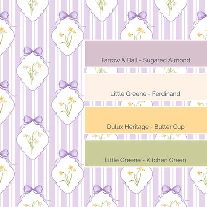 Snowdrops Pinstripe Accent Wallpaper - Diamond Medallion, Lilac Background
