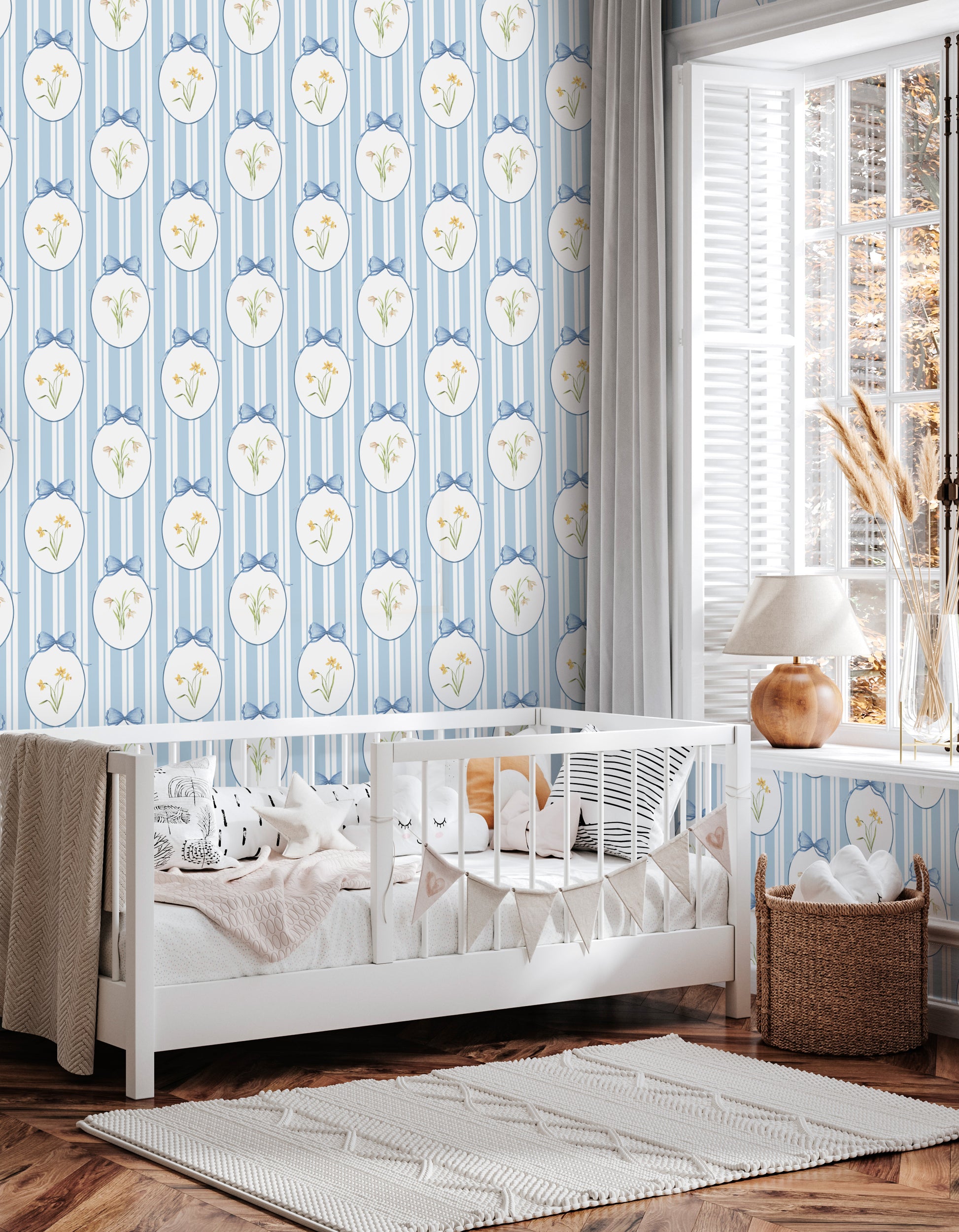 Snowdrops Pinstripe Accent Wallpaper - Oval Medallion, Blue Background