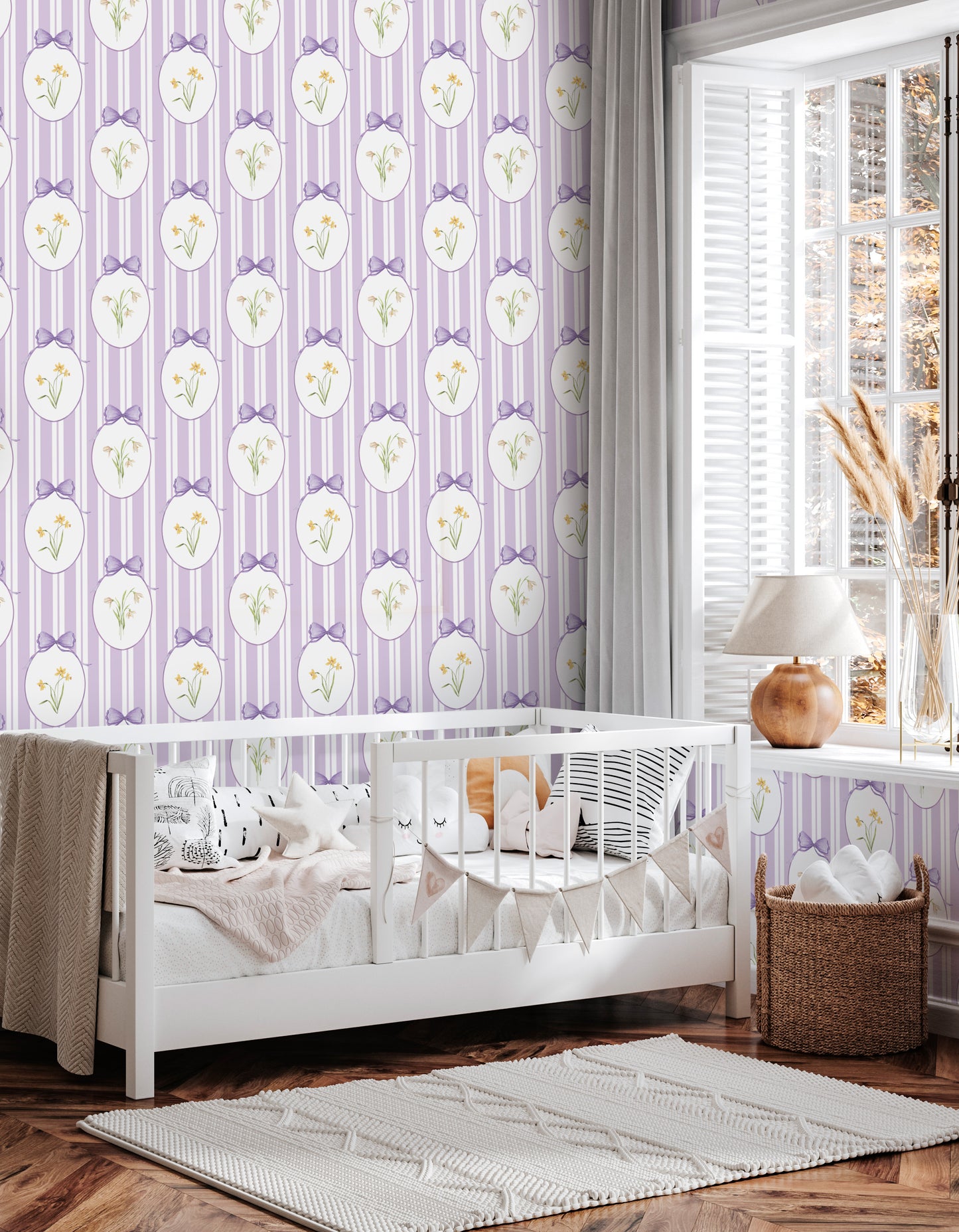Snowdrops Pinstripe Accent Wallpaper - Oval Medallion, Lilac Background