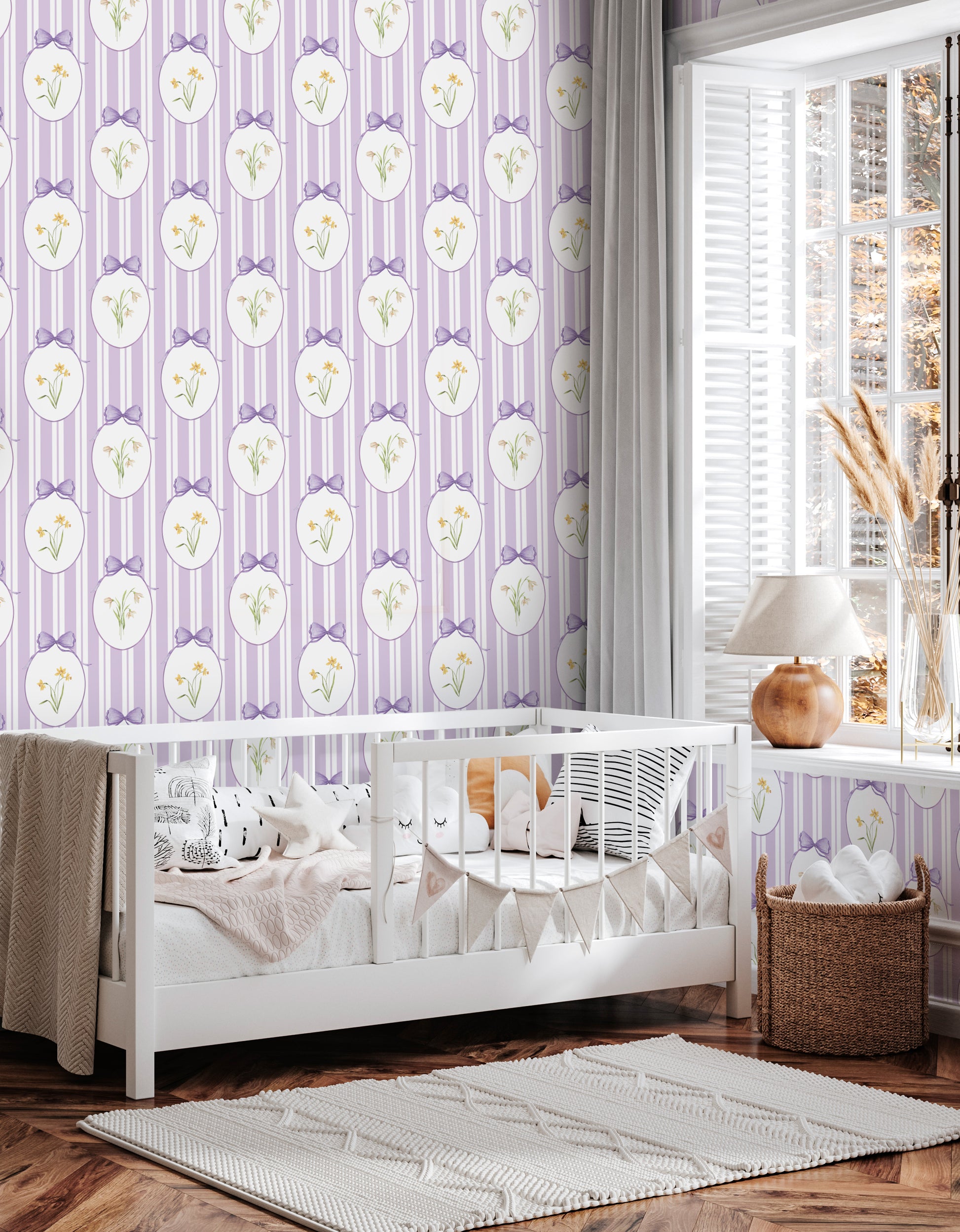 Snowdrops Pinstripe Accent Wallpaper - Oval Medallion, Lilac Background