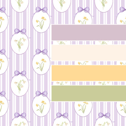 Snowdrops Pinstripe Accent Wallpaper - Oval Medallion, Lilac Background