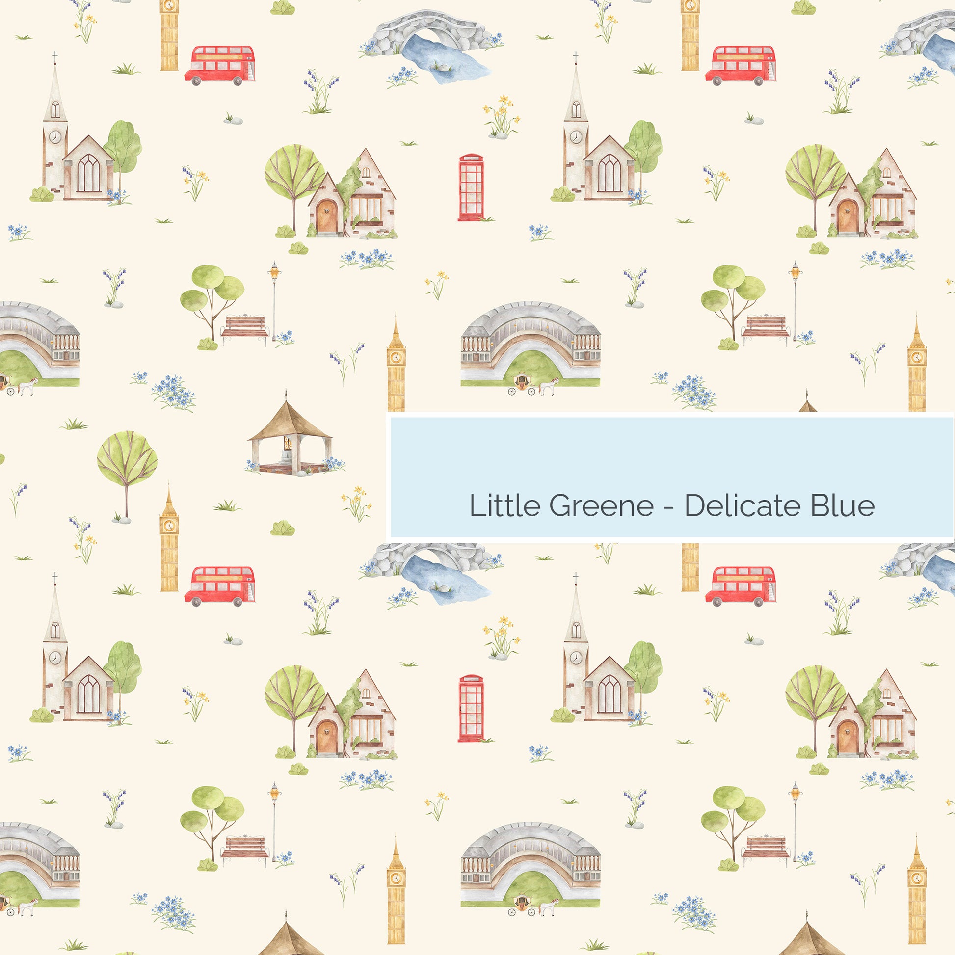 Town & Country Wallpaper - Cream Background, Blue Flowers