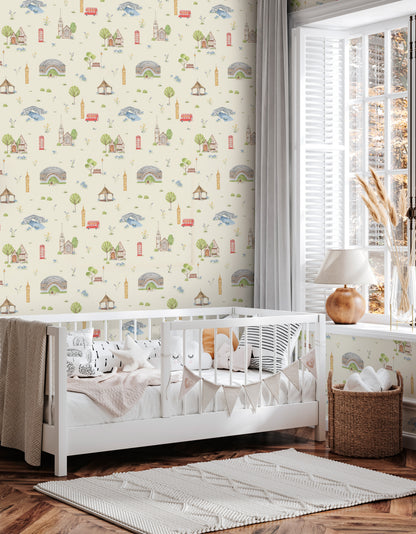 Town & Country Wallpaper - Cream Background, Blue Flowers