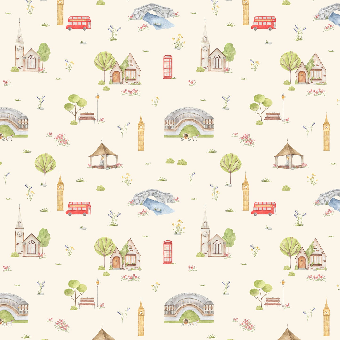 Town & Country Wallpaper - Cream Background, Coral Flowers
