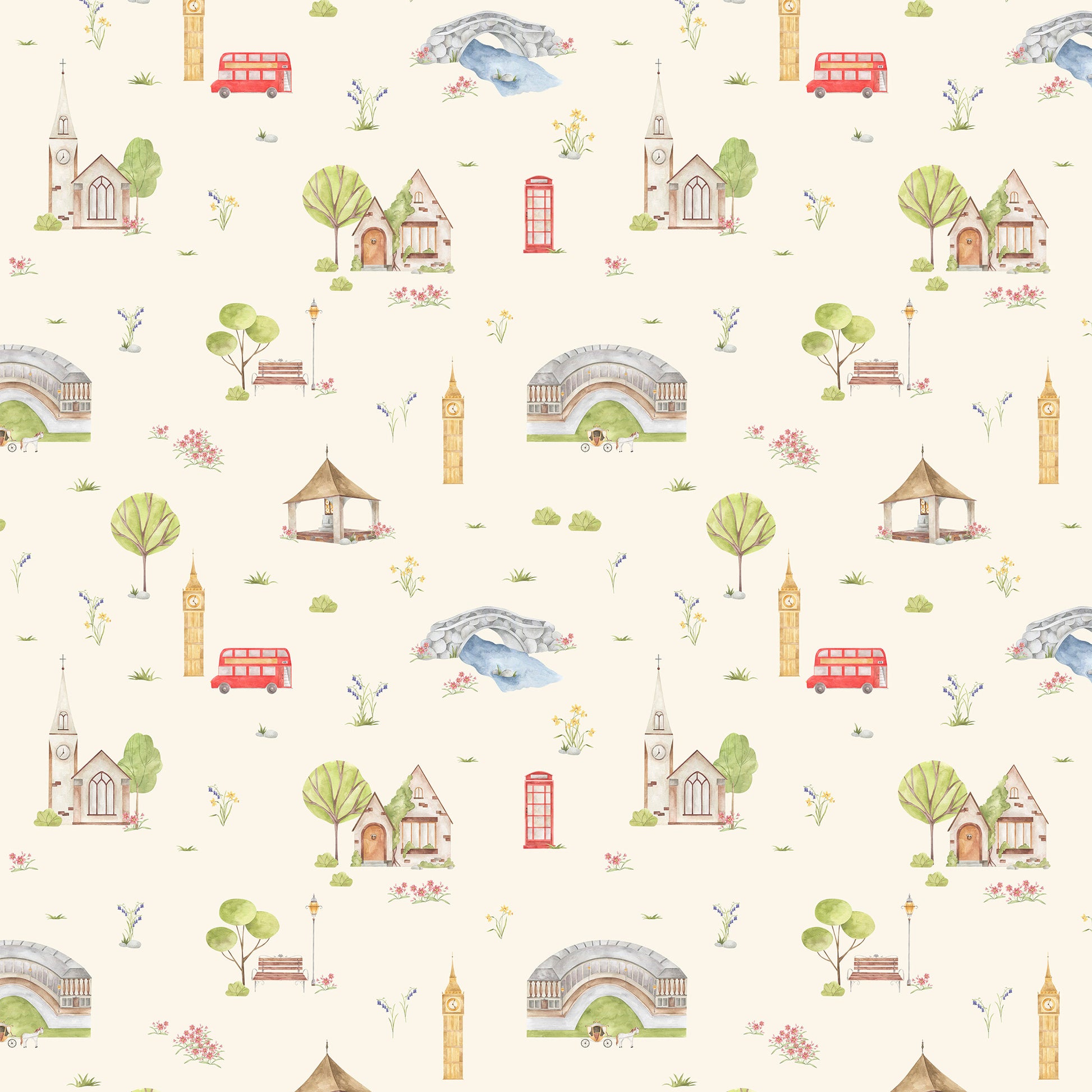 Town & Country Wallpaper - Cream Background, Coral Flowers