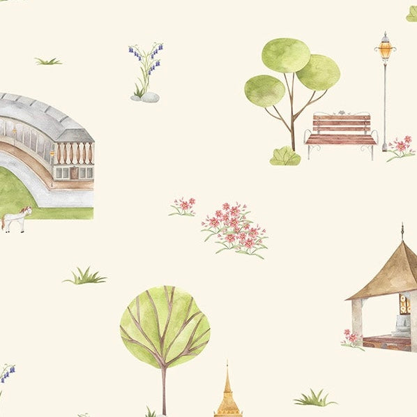 Town & Country Wallpaper - Cream Background, Coral Flowers