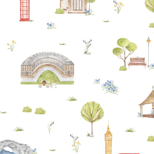 Town & Country Wallpaper - white background, blue flowers