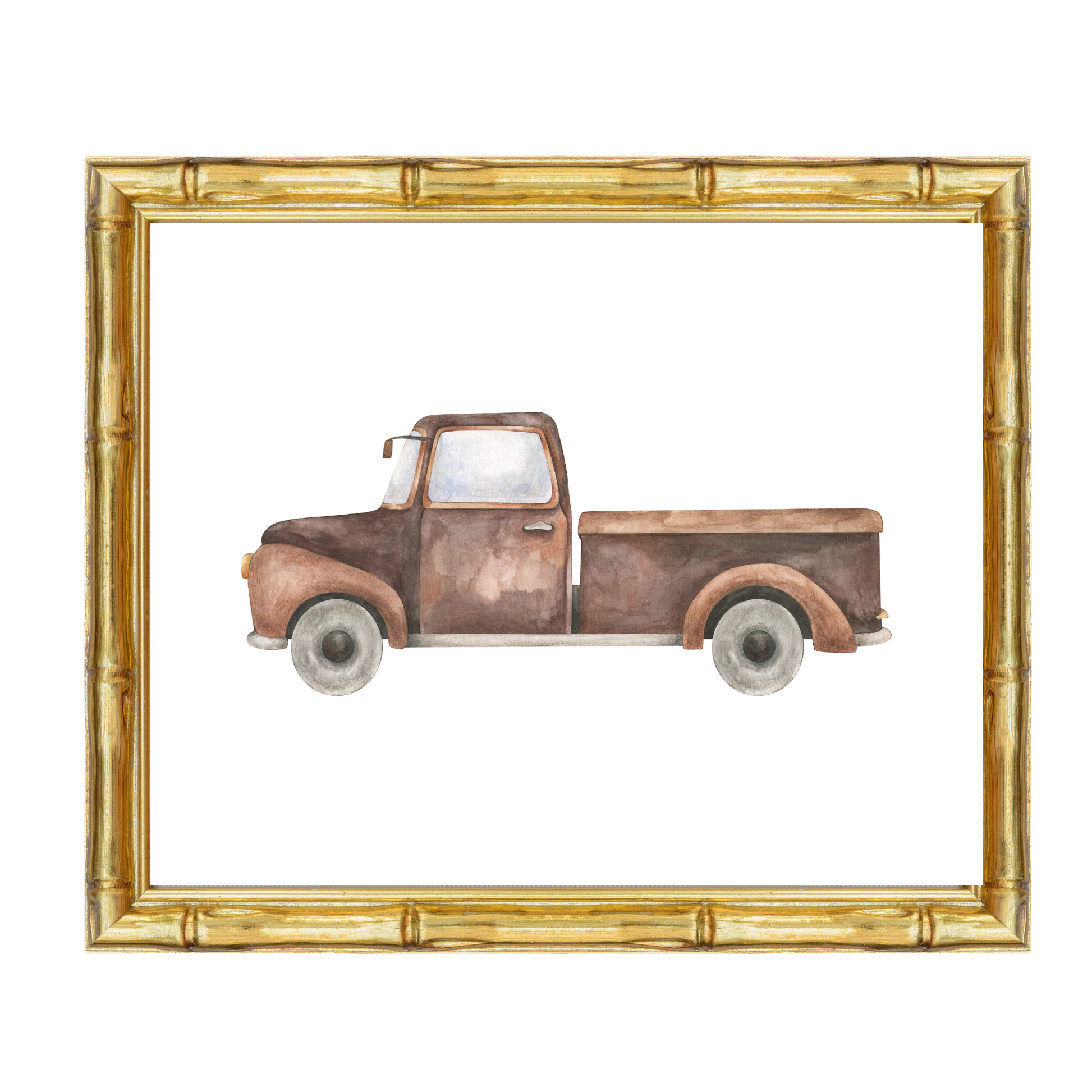 Vintage brown pickup truck nursery art print – a nostalgic illustration perfect for grandmillennial and traditional interiors. A thoughtful gift for baby boys, ideal for birthdays, baby showers, and christenings.