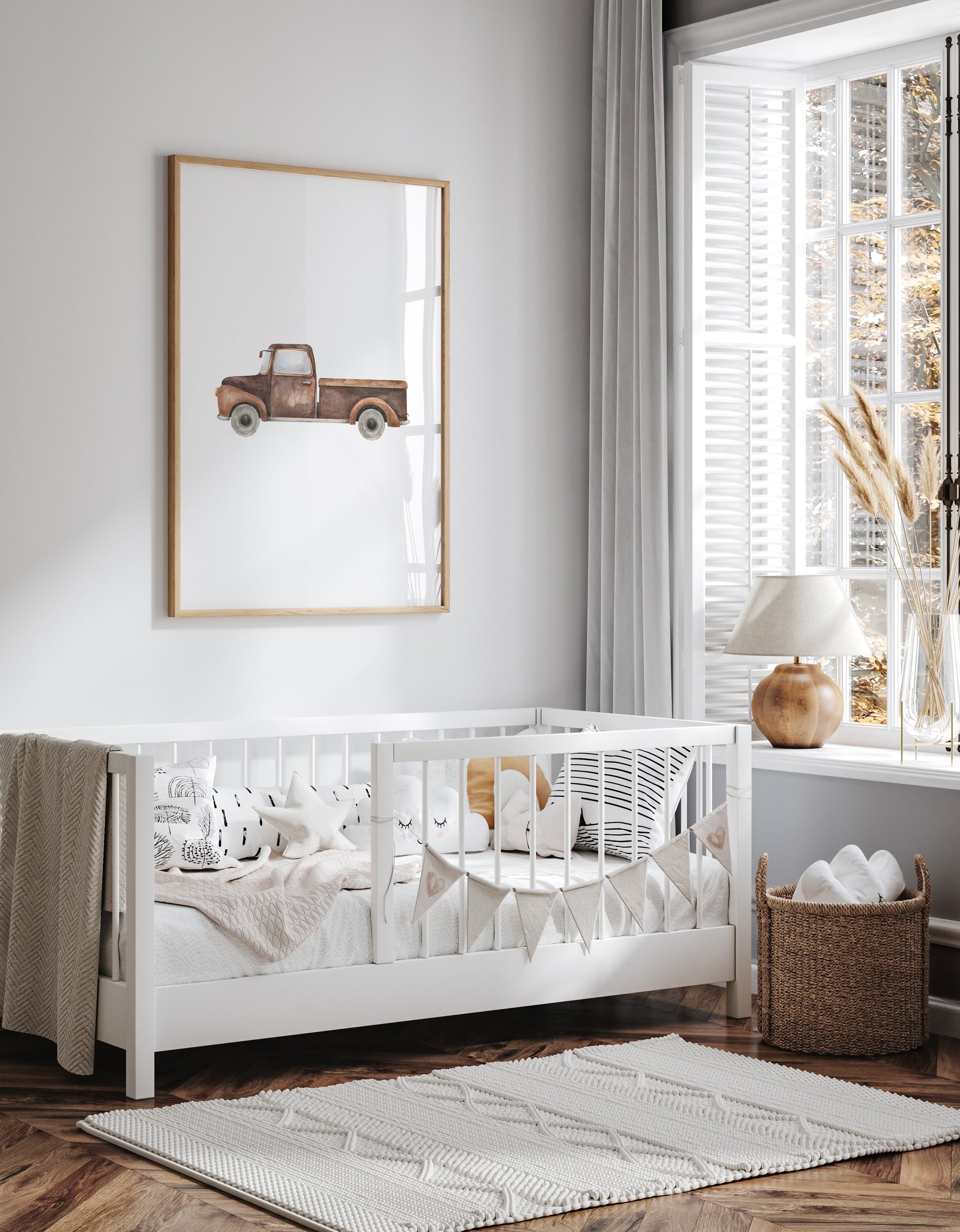 Vintage brown pickup truck nursery art print – a nostalgic illustration perfect for grandmillennial and traditional interiors. A thoughtful gift for baby boys, ideal for birthdays, baby showers, and christenings.