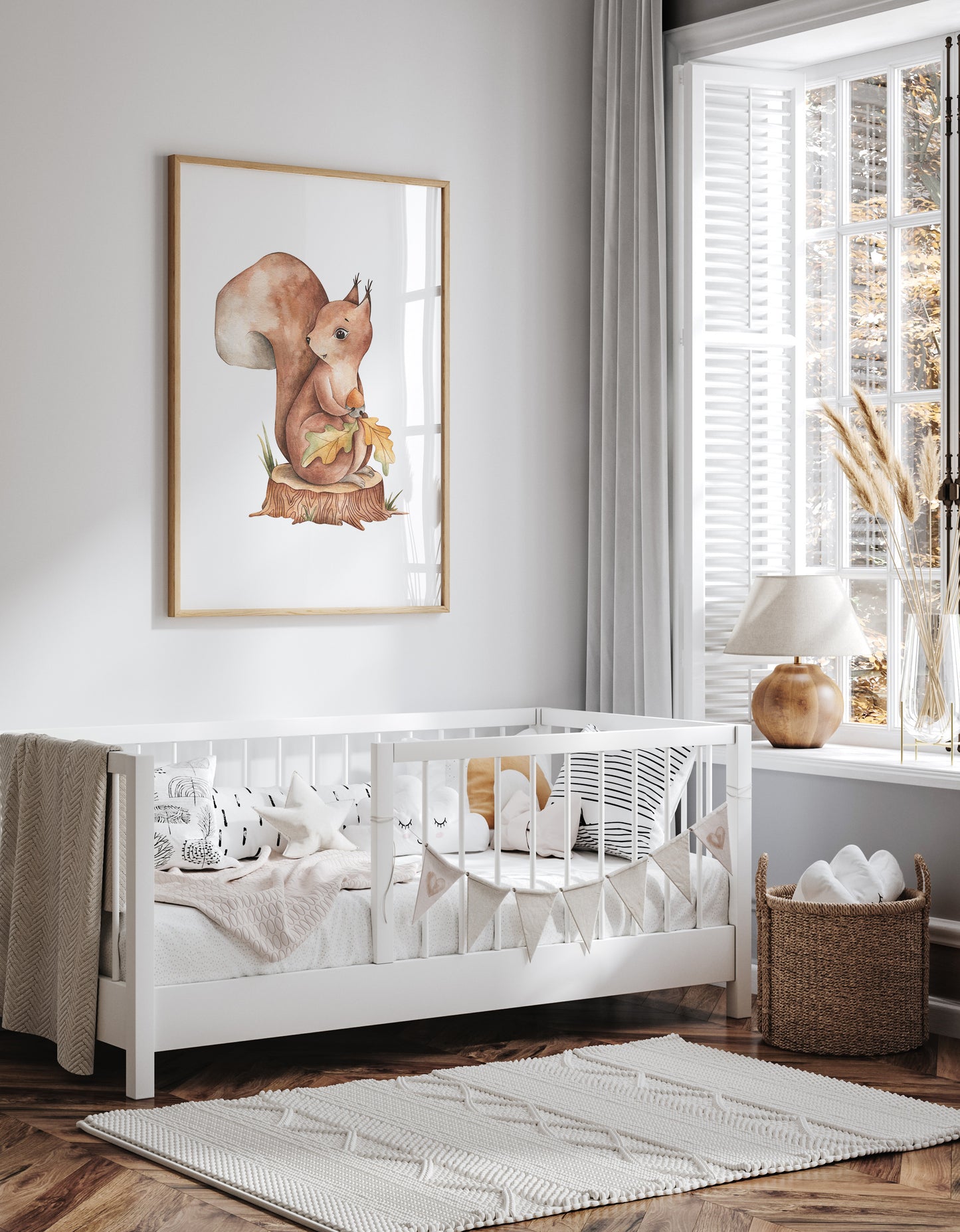 Watercolour red squirrel nursery art print – a sweet woodland animal illustration perfect for grandmillennial and traditional interiors. A charming gift for baby showers, christenings, birthdays, or to add warmth to a nature-inspired nursery.